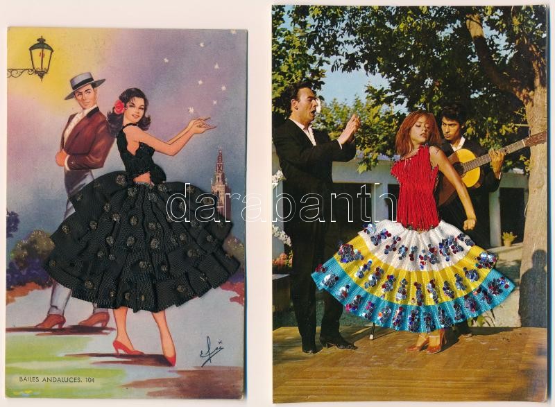 2 db MODERN használatlan spanyol népviseletes motívum képeslap textil rátéttel / 2 modern unused Spanish folklore motive postcards with textile applique