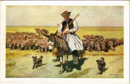 Megy a juhász szamáron. Magyar folklór művészlap. Fővárosi Nyomda Rt. / Hungarian folklore art postcard s: Benyovszky István