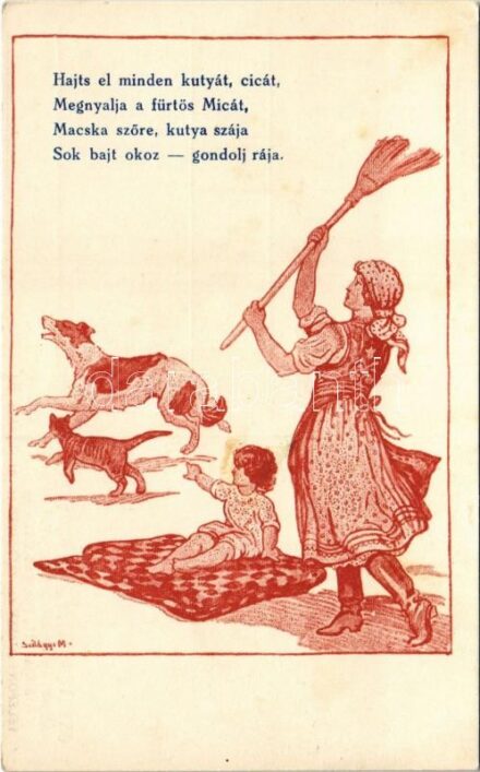 Halts el minden kutyát, cicát! Kiadja az Országos Stefánia Szövetség az anyák és csecsemők védelmére / Hungarian propaganda postcard, Mother and child protective movement s: Szilágyi M. (EK)