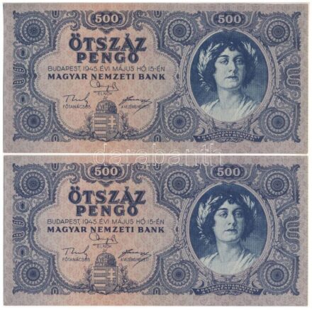 1945. 500P (2x) sorszámkövetők 'K 249 092880 - K 249 092881' T:I