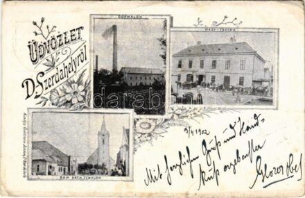 1902 Dunaszerdahely, Dunajská Streda; Gőzmalom, Nagytőzsde, Római katolikus templom. Goldstein Jozsua kiadása / mill, church, stock exchange. Art Nouveau, floral (fa)