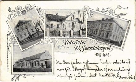 1899 (Vorläufer) Dunaszerdahely, Dunajská Streda; Római katolikus népiskola, Fehér kastély, M. kir. adóhivatal, Kaszinó. Goldstein Jozsua kiadása / Catholic school, castle, tax office, casino. Art Nouveau, floral (EK)