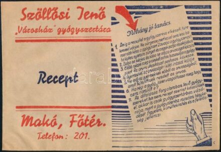Szöllősi Jenő Városház Gyógyszertára Makó receptboríték