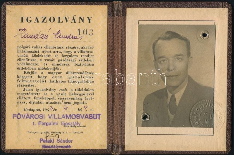 1953 Bp., fővárosi Villamosvasút 1. forgalmi főosztály fényképes igazolvány