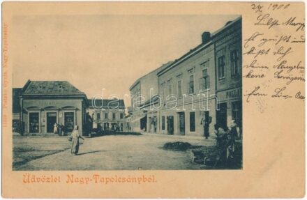1900 Nagytapolcsány, Topolcany; Fő tér, Szlanka János és Pollak üzlete. Platzko Gyula kiadása / main square, shops (Rb)