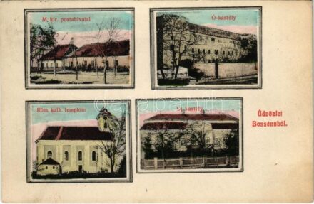 Bossány, Bossánn, Bosany; M. kir. postahivatal, Ó és új kastély, Római katolikus templom. Sedlein m. k. postamester elárusító joga / post office, castles, church (EK)