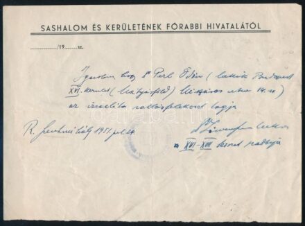 1951 Rákosszentmihály (Bp. XVI.), Sashalom és kerületének főrabbija által kiállított, kézzel írt igazolás, fejléces papíron