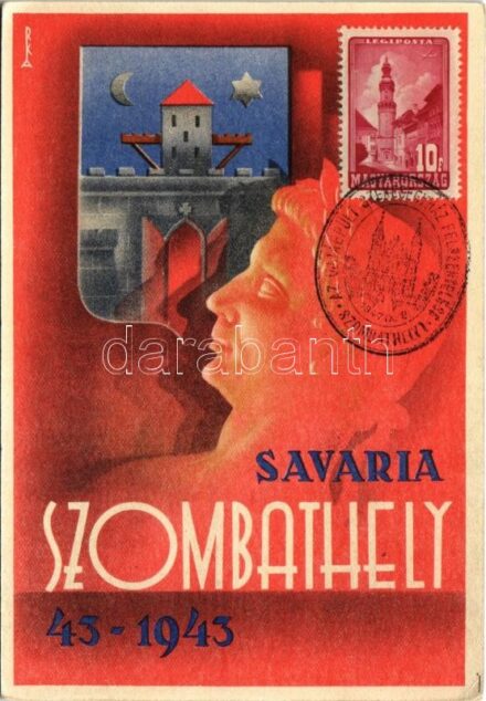 1943 Szombathely, Emlék Szombathely 1900 éves városi múltjából. Tiberius Claudius római császár 1900 évvel ezelőtt Kr. u. 43-ban Savaria névvel városi rangra emelte Szombathely + So. Stpl