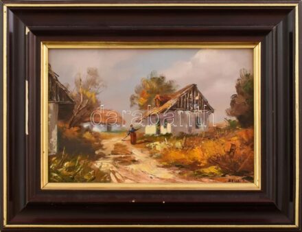 Kassai Károly (1961-): Házak a dombon. Olaj, farost. Dekoratív, kissé sérült fa keretben. 20×30 cm