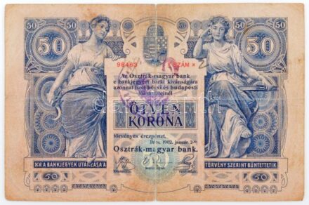 1902. 50K '1319 39448' olvashatatlan felülbélyegzéssel T:III,III- nagyobb szakadások Hungary 1902. 50 Korona '1319 39448' with unreadable overprint C:F,VG bigger tears Adamo K23B