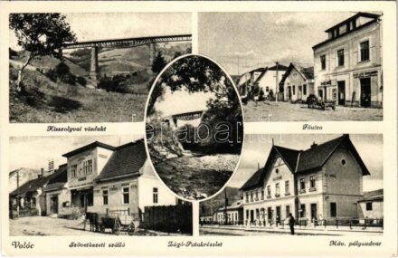 1941 Volóc, Volovec, Volovets; Kisszolyvai viadukt, Fő utca, Szövetkezeti szálló, Zúgó-Patak, MÁV pályaudvar vasútállomás / viaduct, street, hotel, railway station