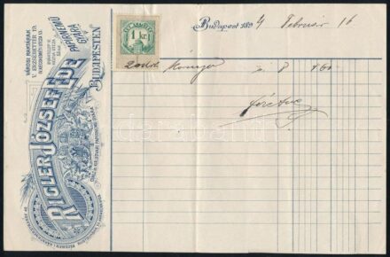 1894 Bp., Rigler József Ede cs. és kir. udvari papírneműgyár fejléces számla, okmánybélyeggel