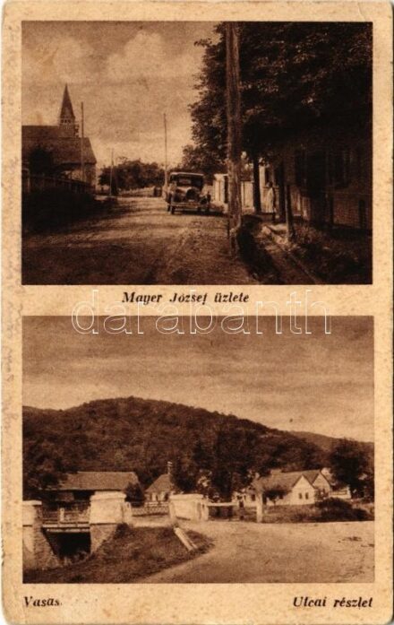 1930 Vasas (Pécs), Mayer József üzlete, autó, utca + 'VASAS POSTAI ÜGYN' (EK)