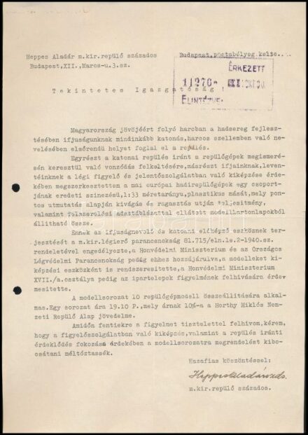 Heppes Aladár (1904-1988) magyar vadászpilóta levele az ifjúság nevelésével kapcsolatban, saját kezű aláírásával