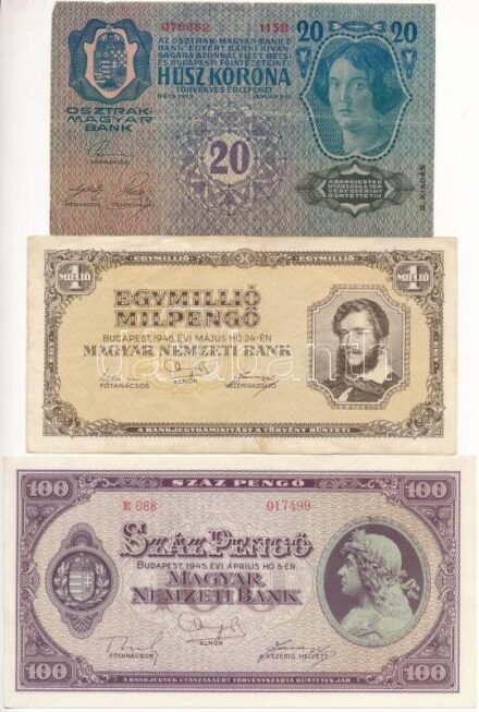 1913. 20K II. kiadás piros 'DEUTSCHÖSTERREICH' felülbélyegzéssel + 1945. 100P + 1946. 1.000.000MP T:III,I-,III