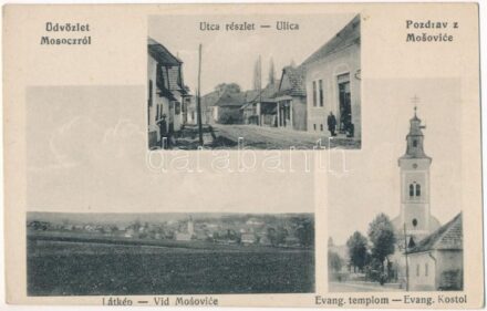 Mosóc, Mosovce; Ulica, Evang. Kostol / Utca részlet, üzlet, látkép, Evangélikus templom. Nagy Sándor kiadása / street view, shop, general view, Lutheran church (Rb)