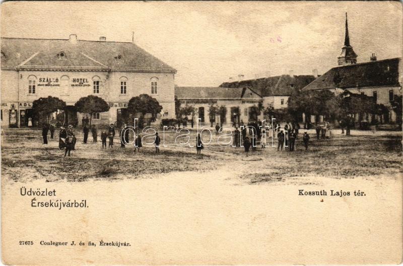 Érsekújvár, Nové Zámky; Kossuth Lajos tér, Szálloda az Arany Oroszlánhoz, üzletek. Conlegner J. és fia kiadása / square, hotel, shops (EK)