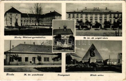 Bicske, M. kir. postahivatal, Hősök szobra, országzászló, állami polgári iskola, Horthy Miklósné gyermekotthon (kis szakadás / small tear)