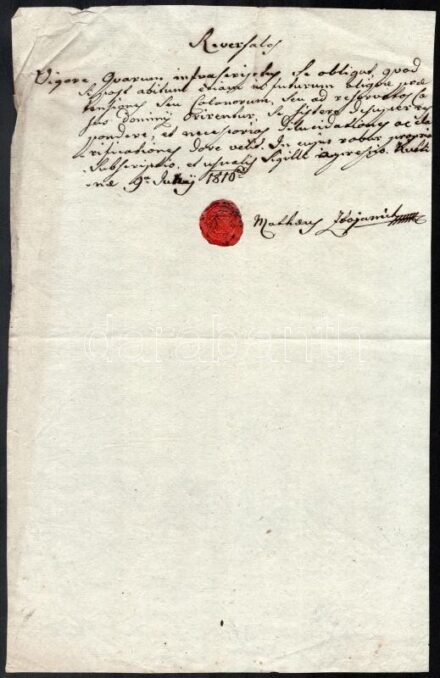 1810 Latin nyelvű okmány viaszpecséttel