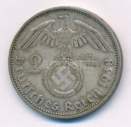 Német Harmadik Birodalom 1938F 2M Ag 'Hindenburg' T:2- patina, kis ph, karc German Third Reich 1938F 2 Mark Ag 'Hindenburg' C:VF patina, small edge error, scratch Krause KM#93