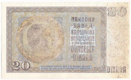 Jugoszlávia 1936. 20D 'C.1009 087' nyomdahibás, halovány nyomat T:I-,II Yugoslavia 1936. 20 Dinara 'C.1009 087' with faint print printing error C:AU,XF Krause P#30