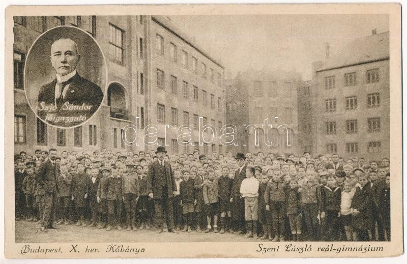 Budapest X. Kőbánya, Szent László reálgimnázium, Sajó Sándor főigazgató, diákok csoportképe. Kába József kiadása (r)