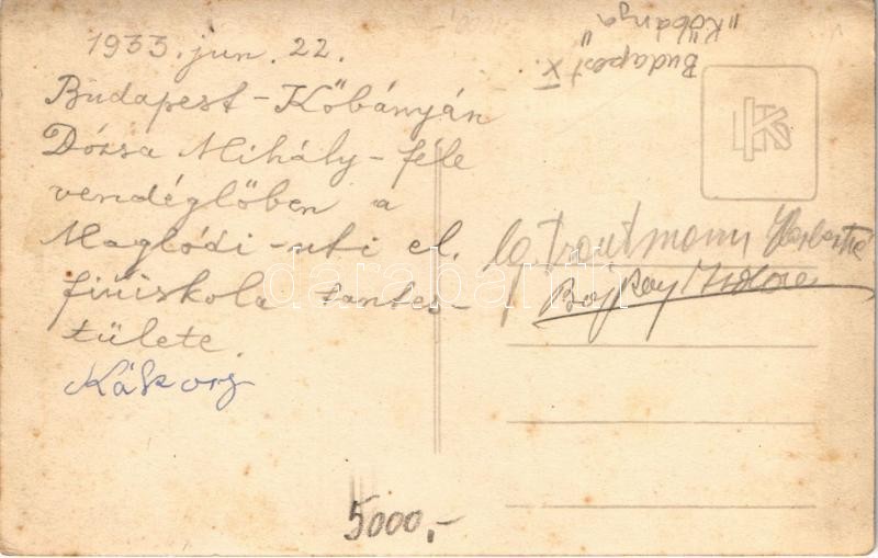 1933 Budapest X. Kőbánya, Dózsa Mihály féle vendéglő, Maglódi úti elemi fiúiskola tantestületének csoportképe. photo (fl) - Image 2