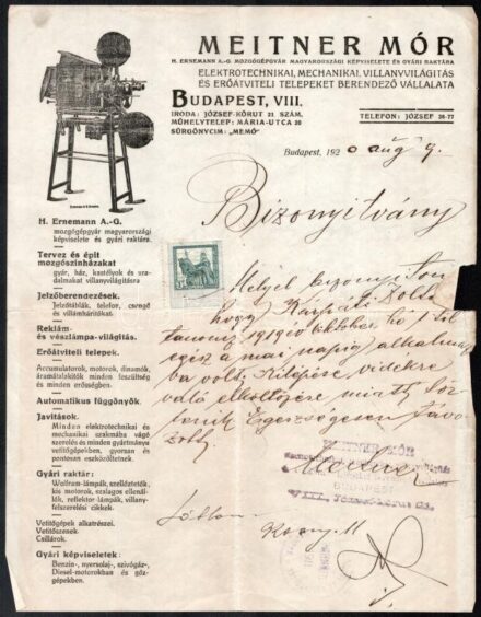 1920 Bp. VIII., Meitner Mór Elektrotechnikai Vállalata fejléces levélpapírjára írt bizonyítvány illetékbélyeggel