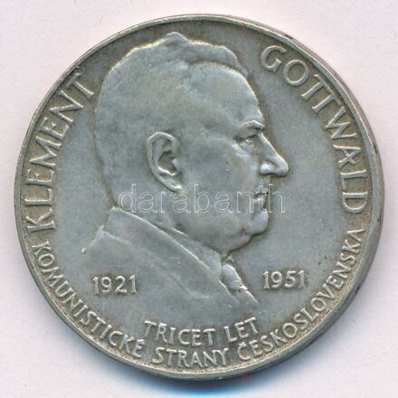 Csehszlovákia 1951. 100K Ag 'Klement Gottwald' T:2 patina, ph Czechoslovakia 1951. 100 Korun Ag 'Klement Gottwald' C:XF patina, edge error Krause KM#33