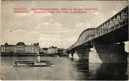 1914 Pozsony, Pressburg, Bratislava; Hadtestparancsnoksági épület és Ferenc József híd, 'SCHÖNBRUNN' gőzhajó / Korpskommando und Franz Josefs-Brücke / K.u.K. military headquarters, bridge, steamship (EK)