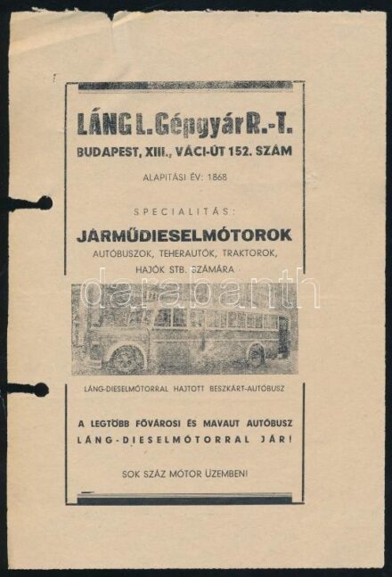 Láng L. Gépgyár Rt. reklámlapja, lyukasztás nyomával