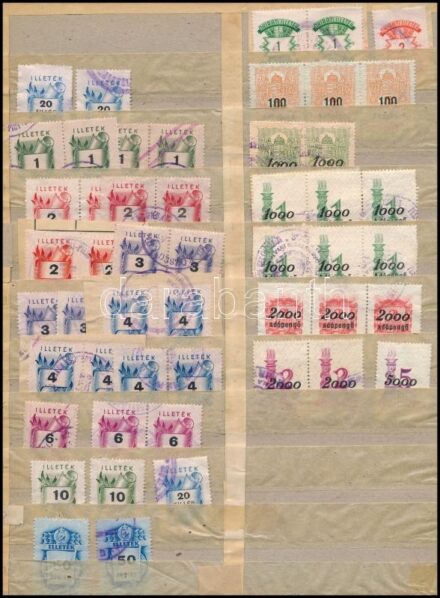 Illetékbélyeg tétel az 1940-es évekből, benne összefüggések, kivágások, nagyalakú berakólapon