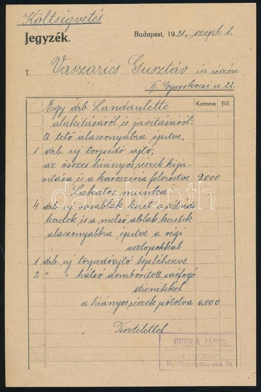 1921 Bp., Ingola János automobil carosseria és kocsigyártó fejléces számlája - Image 2