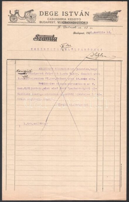 1921 Bp., Dege István carosseria készítő fejléces levélpapírjára írt levél