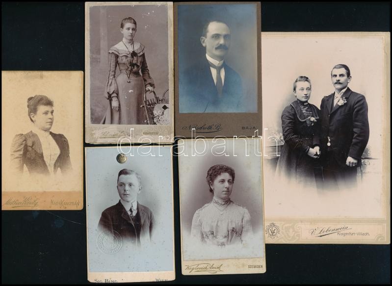 cca 1880-1910 Vizitkártyák és kabinetfotó, 6 db keményhátú fotó különböző műtermekből (Mathea Károly, Nesselroth B., Keglovich Emil, stb.), 10,5x6,5 cm és 16x10,5 cm