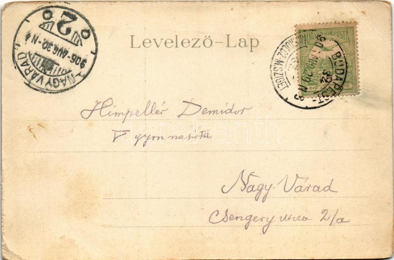 1906 Nagyszalonta, Salonta; Csonka torony, Takarékpénztár. Csathó Gábor és Társa kiadása. Szecessziós virágos litho keret / tower, savings bank. Art Nouveau, floral, litho frame + 'BUDAPEST - MISKOLCZ - M.SZIGET 34. SZ.' vasúti - Image 2