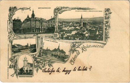 1899 (Vorläufer) Kolozsvár, Cluj; New York szálloda, Kolozsvár közepe a Fellegvárról nézve, Fő tér a Luteránus templommal, városi vasút, kisvasút, vashíd és környéke, Minoriták temploma. Dunky fivérek fényképészeti