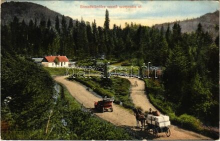 1913 Borszék, Borsec; Borszékfürdőre vezető szerpentin út, automobil, lovaskocsi. Pollatsek Gyula kiadása / road, automobile, horse-drawn carriage (EK)