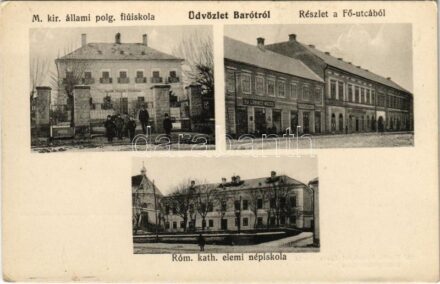 Barót, Baraolt; M. kir. állami polgári fiúiskola, Fő utca, Ifj. Lőrincz Mózes üzlete, Római katolikus elemi népiskola. Roszondai János kiadása / boys' school, main street, shop, elementary school (EK)