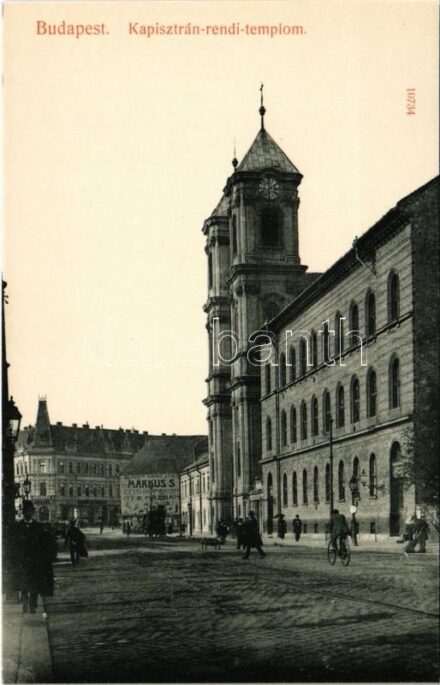 Budapest II. Margit körút, Kapisztrán rendi templom, utcakép, Márkus S. (Glauber Ignác utóda) üzlete. Taussig A. 10734.