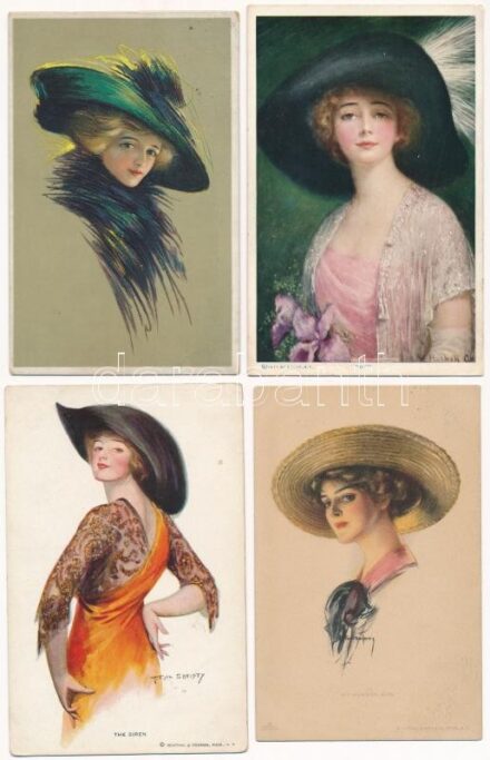 Kalapos hölgyek - 4 db régi képeslap