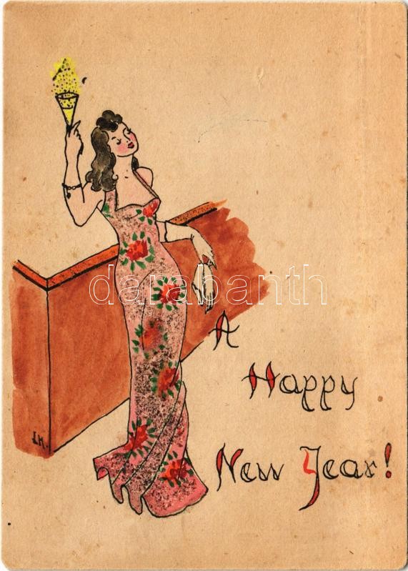 Happy New Year! Hand-painted greeting postcard / Kézzel festett újévi üdvözlet