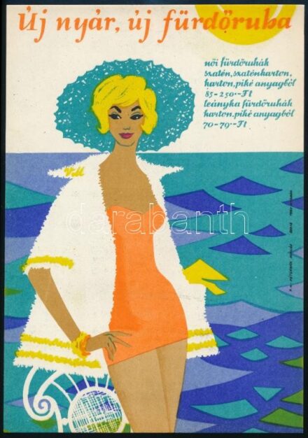 1964 'Új nyár, új fürdőruha' villamosplakát, 23,5×16,5 cm