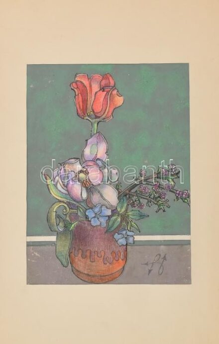 Jelzés nélkül: Virágok. Vegyes technika, papír, paszpartuban. 26,5×19,5 cm