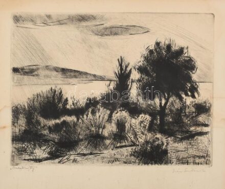 Iván Szilárd (1912-1988): Balatoni táj. Rézkarc, papír, jelzett, kissé foltos, 29,5×38,5 cm