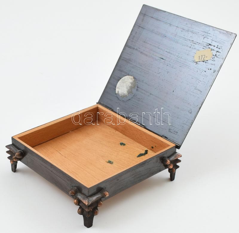 Iparművész réz lábas doboz, gobelin berakással, fa betéttel, 13x13x5 cm - Image 2