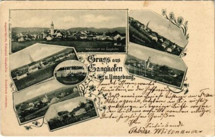 1899 (Vorläufer) Gangkofen, Gruss aus Gangkofen u. Umgebung. Totalansicht, Reicheneibach, Dirnaich, Trennbach, Seemannshausen, Angerbach, St. Nikola. August Specht Fotograf. Art Nouveau, floral (EK)