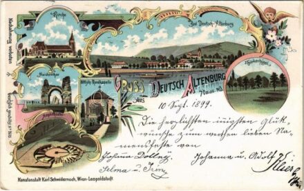 1899 (Vorläufer) Bad Deutsch-Altenburg, Kirche, Türkenhügel, Haidentor, 1000 jähr. Rundkapelle, Amphitheater / church, gate ruins, old chapel, amphitheatre. Kunstanstalt Karl Schwidernoch No. 2675. Art Nouveau, floral, litho
