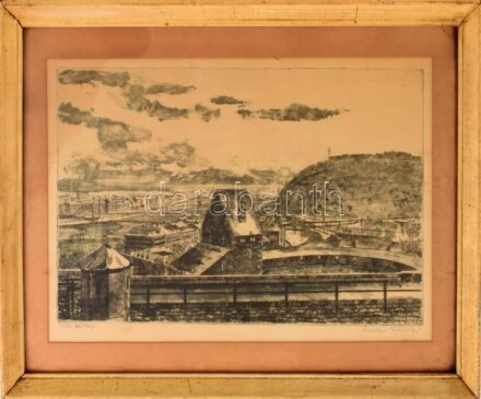 Csurgói Máté Lajos (1931-2001): Budapest, Tabán, Erzsébet híd. Rézkarc, papír, jelzett, számozott: Üvegezett fakeretben. 31x41 cm
