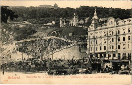 1906 Budapest I. Tabán, Döbrentei tér, Czigler-féle sarok palota, Gellért szobor és feljárat, piac, Erzsébethíd kávéház, Steinfeldi sörház. Taussig Arthur kiadása